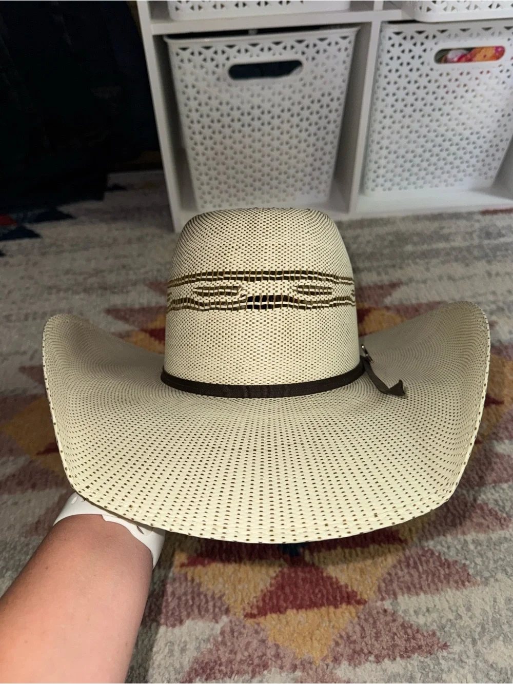 Ariat Cream Straw Hat with Brown Trim and Gold Logo